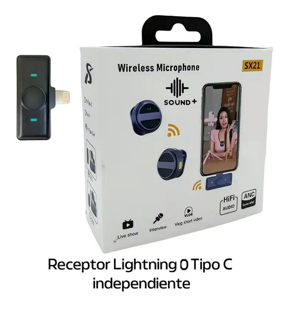 Micrófono Doble Solapa SX-21 Entrada TIPO C o IPH + Luz Led de Grabación